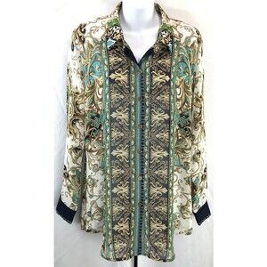 Vintage DressBarn Flowy Top Blouse L Multi Baroque Button Up Long Sleeve Retro